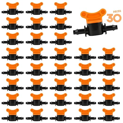 Kalolary 1/4" Drip Irrigation Valves, 30PCS Drip Line Barbed Valves Fittings Garden Shut Off Switch Valve for 4/7mm Tube Water Flow Control Drip Line Parts Cut Off Valve for Watering System (Orange)