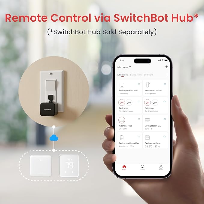 Switchbot Smart Switch Button Pusher (Bluetooth) – Fingerbot for Rocker Switch/One-Way Buttons, App Timer Control, No Wiring, Optional Hub Required for Voice/Remote, Black