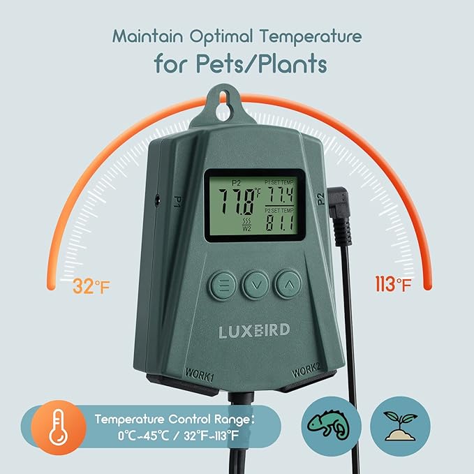 LUXBIRD LB-2SC Digital Heating Mat Thermostat Controller with 2 Probes and 2 Outlets for Seedlings, Germination, Reptiles, Brewing, Breeding, Incubation, Greenhouse (Max 250W per Outlet)