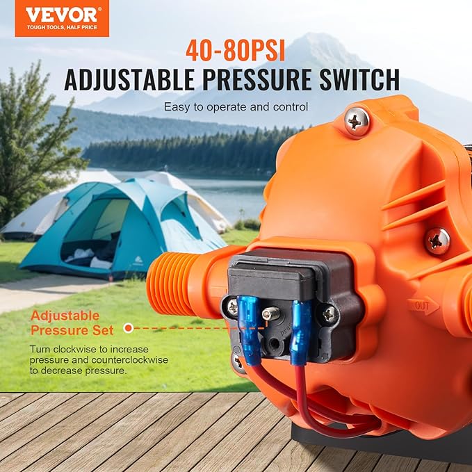 VEVOR 12V Diaphragm Pump, 1.8 GPM (6.81 L/min), 3-Chamber 12 Volt DC Water Pump with Automatic Pressure Switch 40-100 PSI Adjustable, 60 PSI, 1/2'' MNPT Port, for RV Yacht Food Truck Camper Marine