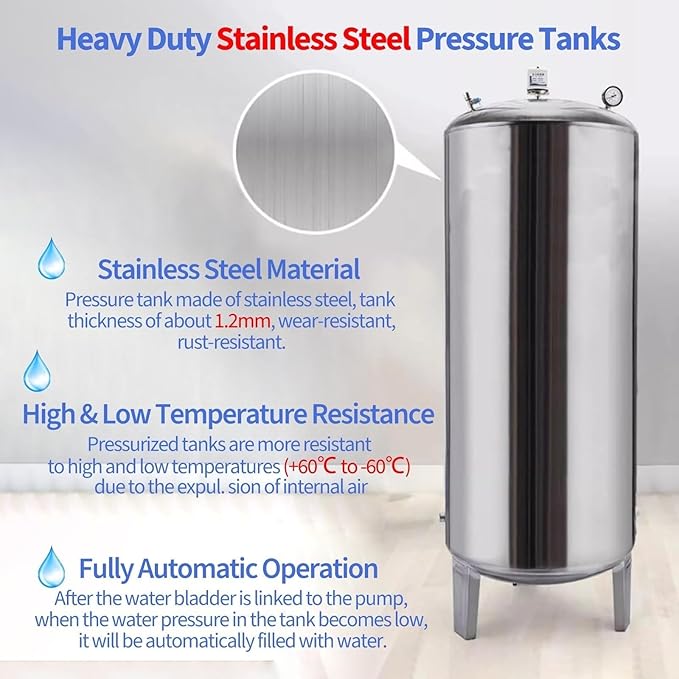 15 26 42 52 66 80 105 132 185 Gallon Well Pressure Tank,Vertical Stainless Steel Water Pressure Tank,Floor Standing Vertical Water Storage Container, For Tap Water Pressurization(300L/79.3Gal(155x50cm