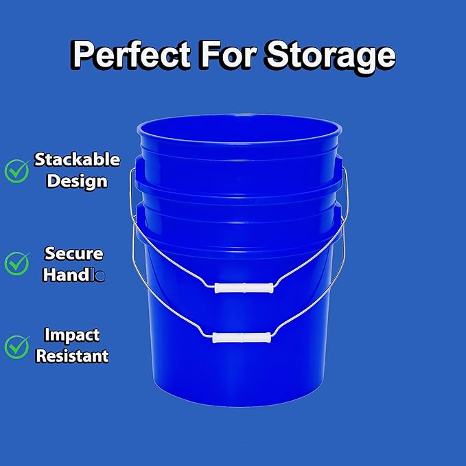 MKS Plastics 5-Gallon Bucket with Airtight Lid – Made in USA, Food Grade BPA Free Plastic, Heavy Duty Multi-Use, Metal Handle with Grip, Stackable Storage – Blue, 1 Pack