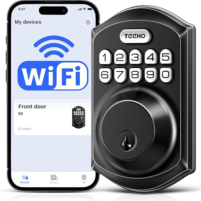 TEEHO TE011W Wi-Fi Keyless Entry Door Lock with Keypad - Smart Deadbolt Lock for Front Door with 2 Keys - Remote Control, Works with Alexa & Google, APP Unlock - Easy Installation - Matte Black