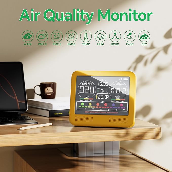16-in-1 Indoor Air Quality Monitor with PM1.0,PM2.5,PM10,CO2,HCHO,TVOC,Temperature,Humidity,Time Display &7 AQI Alarms – Professional Air Quality Tester for Home, Office & Indoor Use (Bright Yellow)