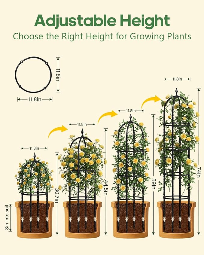 Joyhalo 2 Pack Trellis for Climbing Plants Outdoor, 6.2ft High Adjustable Garden Trellis for Flowers, Black Plastic Coated Steel Plant Stakes Use As Tomato Cage