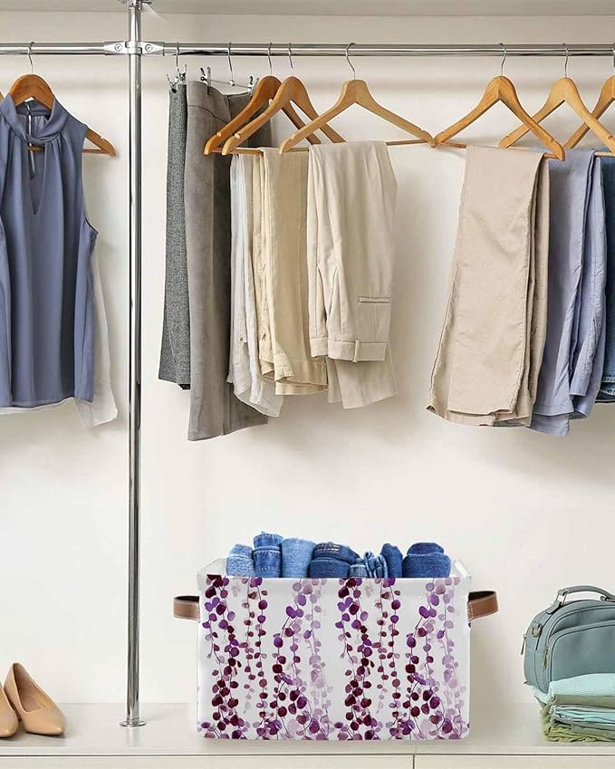 Purple Weeping Eucalyptus Storage Bins Cubes Waterproof Cloth Storage Basket,Spring Summer Farmhouse Leaves Foldable Storage Bags for Shelf Clothes Storages Organizers with Handles 15x11x9.5 in 1PCS