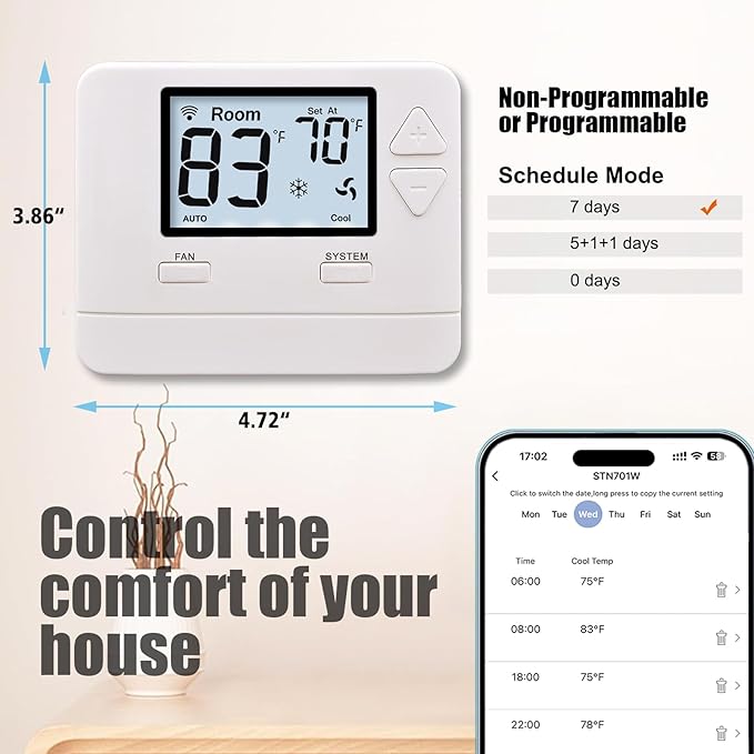 Heagstat WiFi Thermostats for Home Single-Stage 1Heat/ 1Cool, APP Remote Control, 7-Day or 0-Day Programmable. (C-Wire Required)