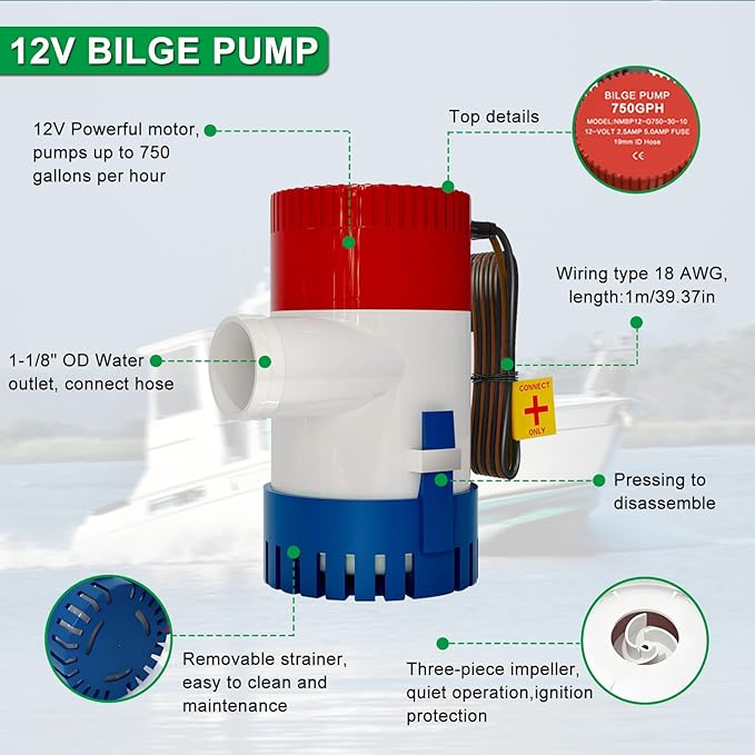 750 GPH Marine Bilge Pump,12V DC Submersible 1-1/8 Inch Diameter Electic Rule Bilge Water Pump Kit,with Automatic Float Switch High-Flow Fully Bilge Pumps for Boats RVs Yachts Caravans