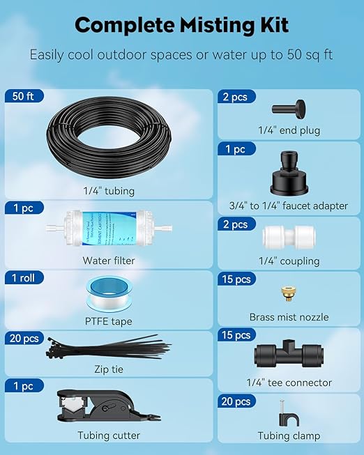 Pawfly Misting System, Misters for Outside Patio 50 ft, Outdoor Misting Cooling System with 15 Brass Mist Nozzles Water Accessories, Patio Mister for Cooling Garden Backyard Greenhouse Trampoline