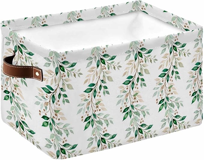 Farmhouse Leaves Storage Bins Cubes Waterproof Cloth Storage Basket, Botanical Green Branch Summer Berry Foldable Storage Bags for Shelf Closet Clothes Organizers with Handles 15x11x9.5 in 1PCS