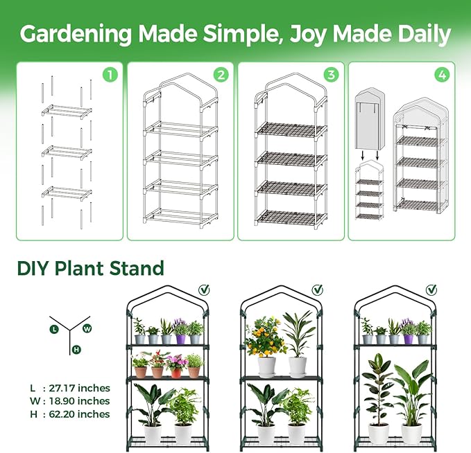 Mini Greenhouse for Outdoors Indoor: 27 x 19 x 62-Inch Ohuhu Small Green House with 4 Tier Shelves, Portable Plastic Greenhouses with Heavy Duty Transparent PVC Cover for Seedling Patio Porch Balcony