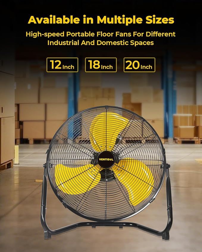VENTISOL 18 Inch Portable Floor Fan, 3 Speed Metal Industrial Shop Fans with 360° Tilt, 4100 CFM High Velocity Heavy Duty Fan for Home Bedroom, Garage, Workshop