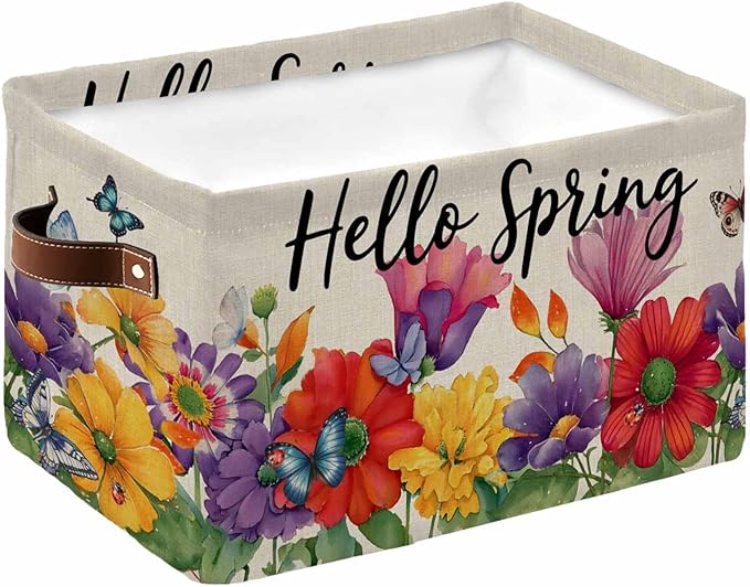 Spring Flowers Storage Bins Cubes Waterproof Cloth Storage Basket,Farmhouse Vintage Country Colorful Floral Foldable Storage Bags for Shelf Clothes Storages Organizers with Handles 15x11x9.5 in 1PCS