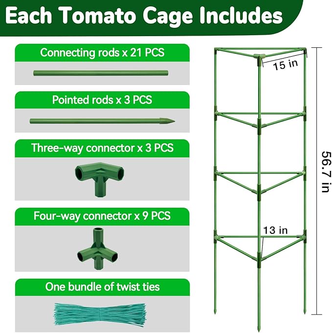 [Upgraded] ZeeDix 6 Pack Heavy Duty Tomato Cages for Garden, 57 Inch Foldable Plant Trellis Support Stakes for Heavy Climbing Plants, Adjustable Tomato Cage for Indoor Pots & Raised Garden Bed Outdoor