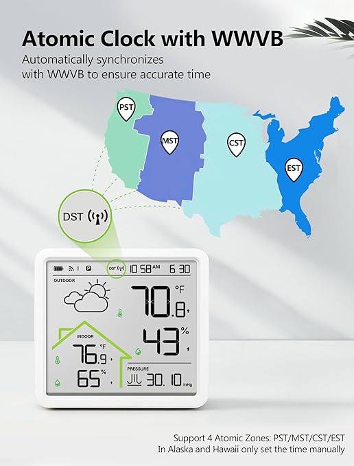 MASHI Rechargeable Weather Station Wireless Indoor Outdoor Thermometer,Atomic Clock with WWVB & 4.3" Backlit Display, Inside Outside Thermometer Wireless, 3-Channel 330ft Range, Accurate Forecast
