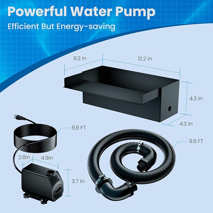 Biling 12 Inch Waterfall Spillway Kit, 304 Stainless Steel Waterfall Box, 40W 660GPH Submersible Pump, 9.8FT Corrugated Tubing, Adjustable Flow for Wide Sheet Waterfall, Stream & Rock Wall