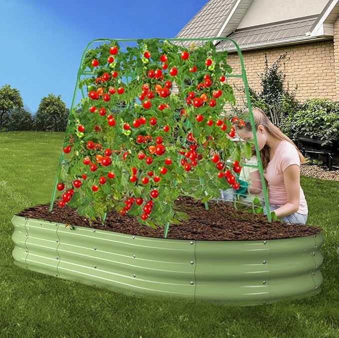 63" Tall Garden Trellis for Raised Bed Metal U-Frame Arch Tunnel Tomato Cage Plant Stakes Support with Garden Netting for Cucumber,Grapes,Peas, Zucchini,Vine,Bean,Flowers