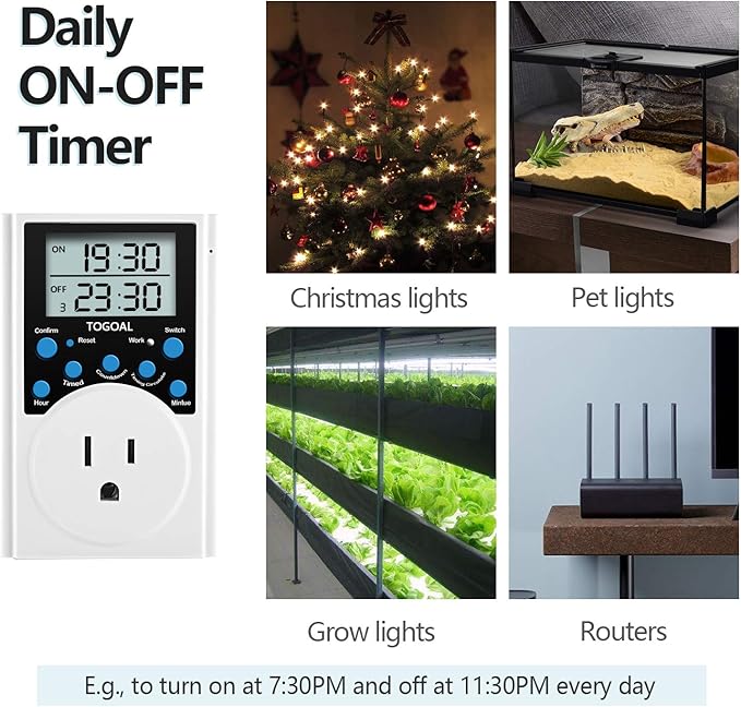 Digital Infinite Repeat Cycle Timer Plug with Countdown and 24 Hour Daily on-Off Programs for Electrical Outlets, Lights, Hydroponic Pumps (120V, 15A) [2 Pack]