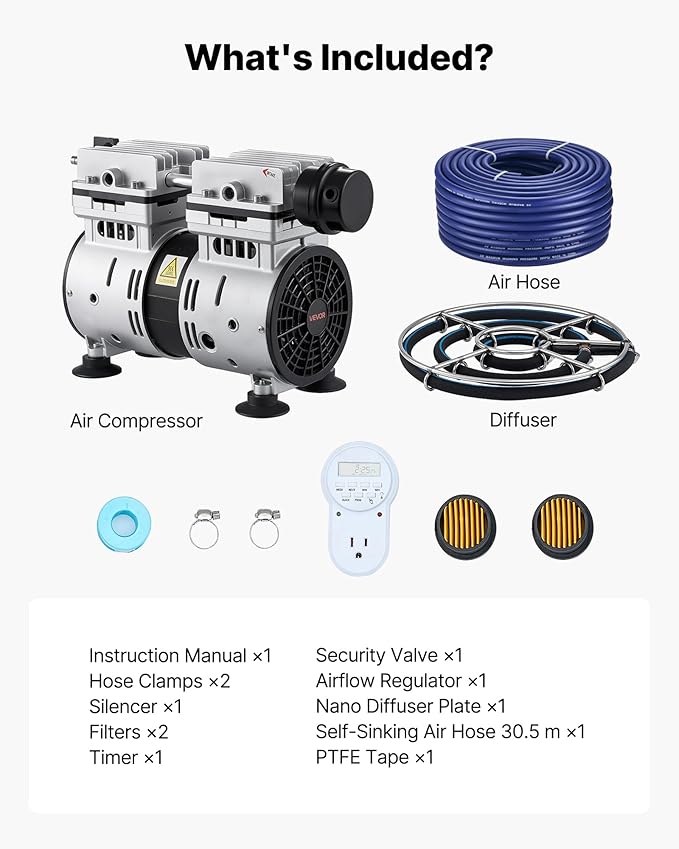 VEVOR Pond Aerators, 5.2CFM Aeration System for Lake up to 3 Acres, 3/4 HP Air Compressor, 1 Diffuser & 100' Weighted Tubings, Aeration Pump for Outdoor Ponds & Lakes Deep Water Oxygen Circulation