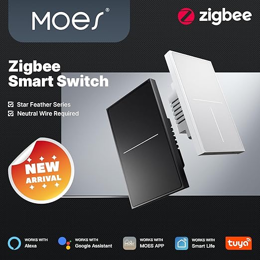MOES Full Touch Smart Switch, ZigBee SF(Star Feather 2026 Version Wall Light Switch, Neutral Wire Required, Anti-Glare Panel,Work with Smart Life/Tuya App, Alexa and Google Home White 2 Gang