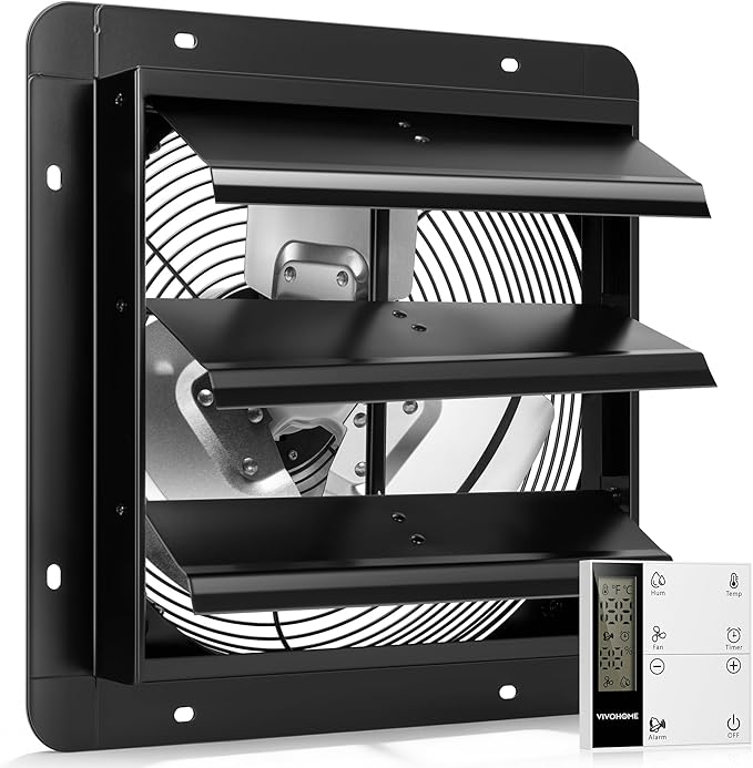 VIVOHOME 12" Shutter Exhaust Fan with EC Motor – 1300 CFM with Thermostat, Variable Speed, Timer, Wall-Mounted for Attic, Garage, Greenhouse, Chicken Coop, Barn Ventilation