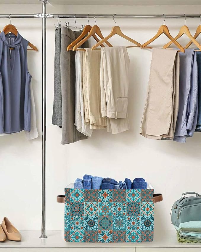 Retro Middle Century Storage Bins Cubes Waterproof Cloth Storage Basket,Rustic Bohemia Style Aztec Blue Foldable Storage Bags for Shelf Clothes Storages Organizers with Handles 15x11x9.5 in 2PCS
