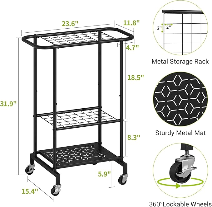 3-Tier Garden Tool Organizer with Wheels, Garage Floor Rolling Storage Cart on Wheels Heavy Duty Metal Rolling Storage Cart, Yard Tool Tower Rack for Garage, Patio, Shed, Indoor Outdoor