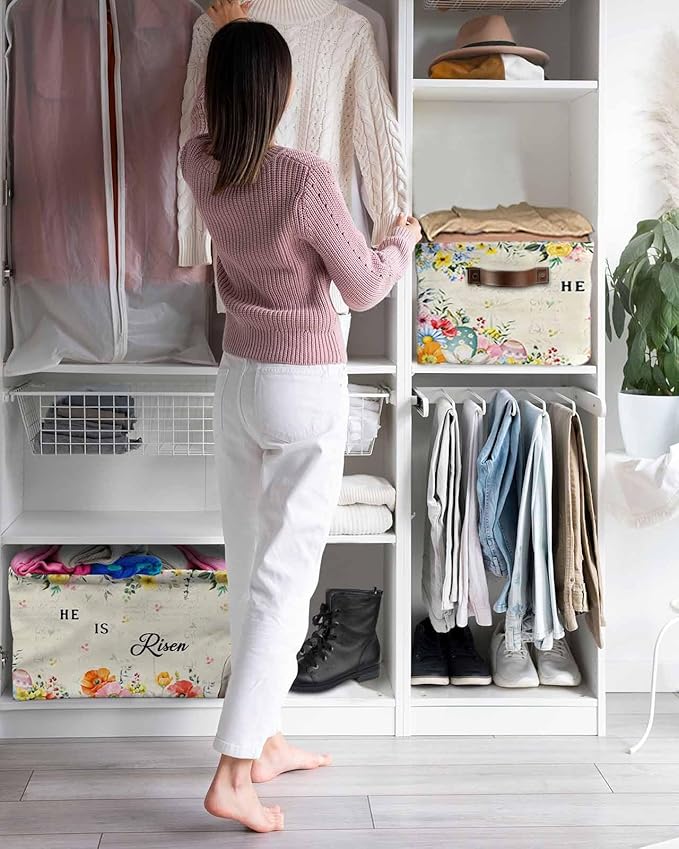 Easter Storage Bins Cubes Waterproof Cloth Storage Basket, Spring Watercolor Vintage Bunny Eggs Flower Foldable Storage Bags for Shelf Closet Clothes Storages Organizers with Handles 15x11x9.5 in 1PCS
