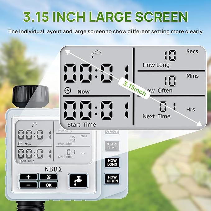NBBX Sprinkler Timer for Garden Hose - Smart Water System with Rain Delay, Manual & Automatic Modes, IP54 Waterproof, Easy-Install Outdoor Faucet Timer for Lawn & Garden Care