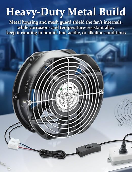 AC Axial Fan 110v 120v 172mm x 150mm x 51mm Powerful Airflow Dual Ball Bearing Fan with Switch Cooling for DIY Chicken Coop Greenhouse Server Room Garage Crawl Space Exhaust