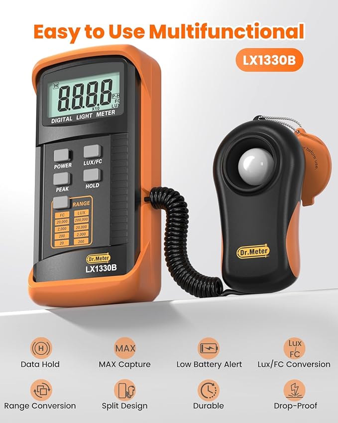 Dr.meter LX1330B Digital Illuminance Light Meter, 0-200,000 Measurement Range Lux Meter, Lighting Intensity Brightness Measurement for Indoor Outdoor, Light Meters for Plants