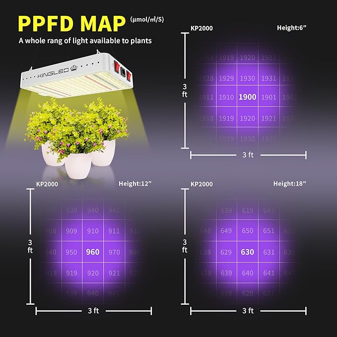 KingLED KP2000 LED Grow Light for Indoor Plants, Full Spectrum Plant Light with Veg & Bloom Mode, 200W Hanging Growing Lamp for Seed Starting Seedlings Vegetable Hydroponic Greenhouse, 3x3 Grow Tent