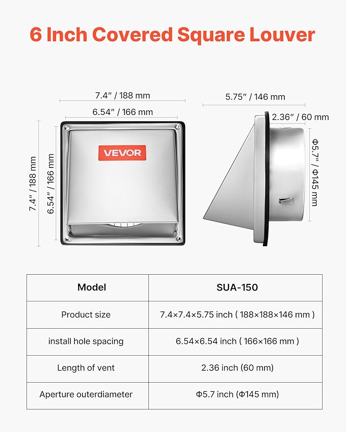 VEVOR 6 inch External Extractor Wall Vent Cover, Square AC Vent Gable Cover, Premium Stainless Steel & with Built-in a Protection Screen, for House,Bathroom,Garage,Kitchen,Basement (1 Pack, Silver)