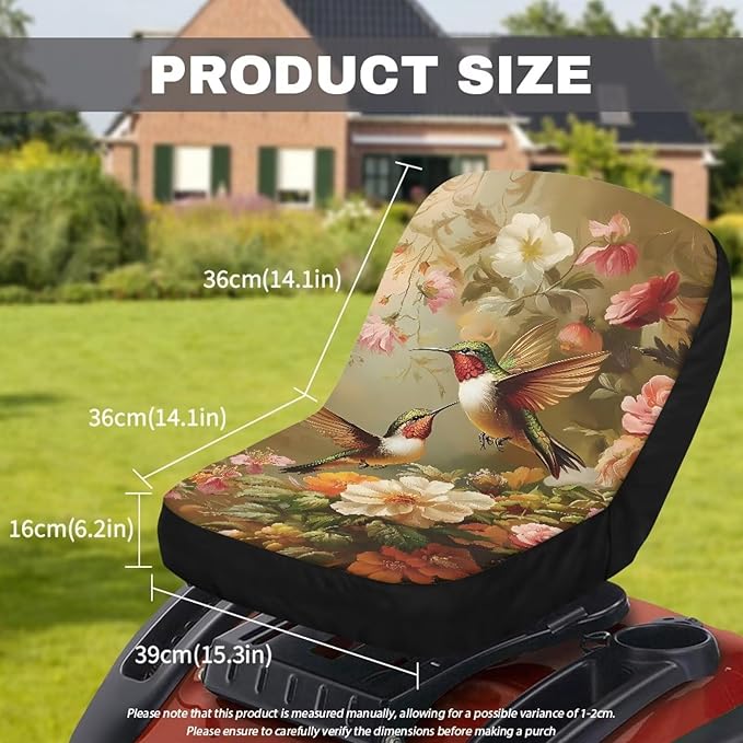 Hummingbird and Flower Riding Lawn Mower Seat Cover for Tractor Accessories, Lawnmower Parts Compatible with Kubota with Pockets, Lawn Tractor Seat Cover,Mower Seat Cushion