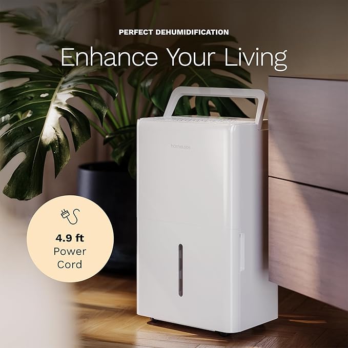 hOmeLabs Dehumidifier - Advanced Humidity & Moisture Control, Quiet, Efficient, Auto Shut-off, Ideal for Home, Basement, Office - 4,500 Sq Ft Wi-Fi (32 Pint MAX 80 Pint at 95°F, 90% RH)