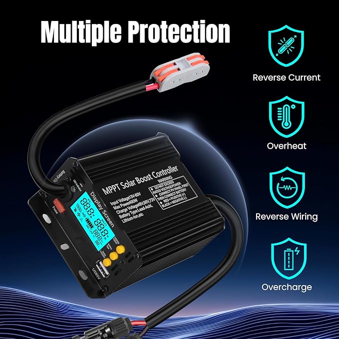 400W Boost MPPT Solar Charge Controller LCD Solar Panel Regulator for24V/36V/48V /60V/72V Lead-Acid, LiFePO4, Gel, Flooded Batteries etc in Golf Cart,eBike,Club Car, Scooterand Solar System