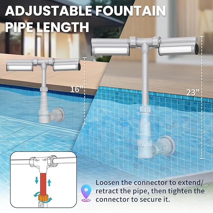 Swimming-Pool Waterfall Fountain w/Colorful Led-Lights - 7 Color Changing Above/Inground Pool Fountain Lights with Remote, Water Sprinkler Adjustable Height Pool Sprayer for Outdoor Yard Decoration