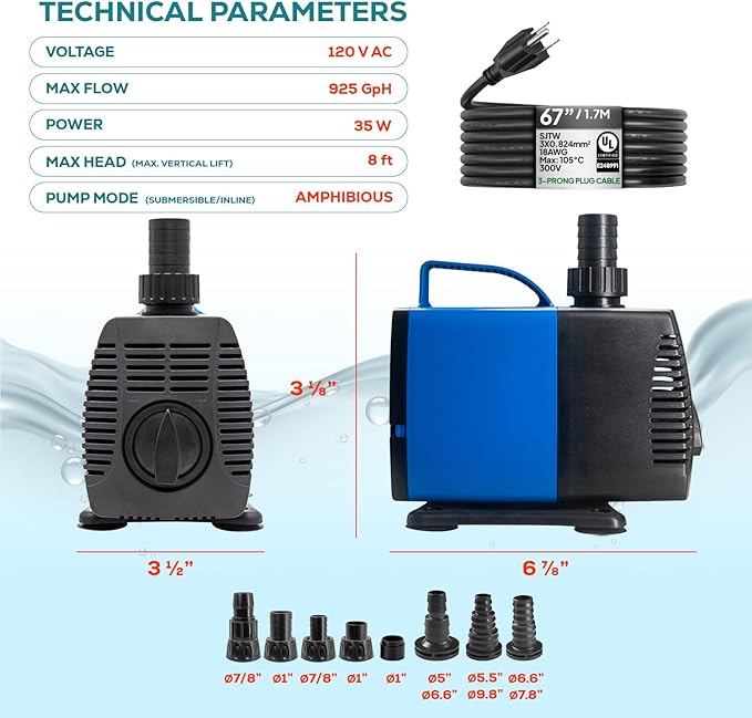 Aqua Dream 634 GPH Amphibious Water Pump - 35W Submersible or Inline External Pump with Corrosion Resistant Ceramic Shaft, 6.4ft Max Lift for Aquariums, Ponds, and Hydroponics - 8 Pcs