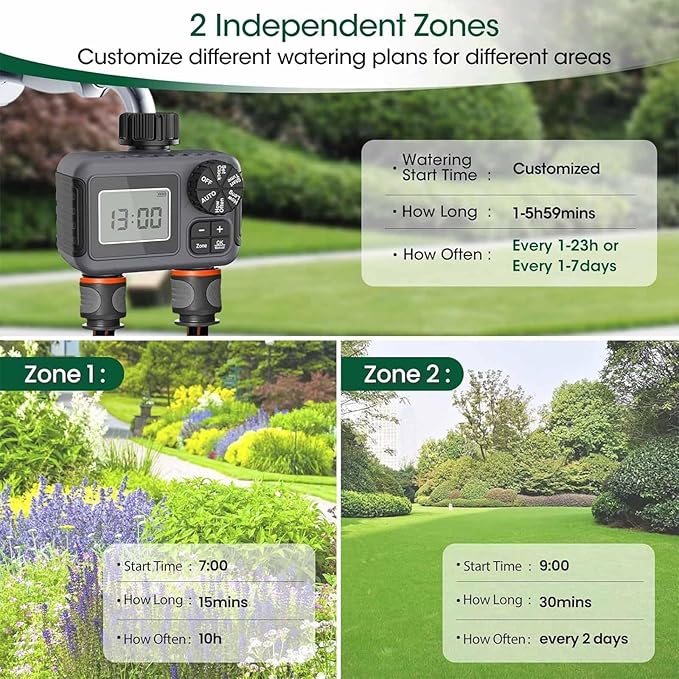ERICAT 2 Zone Sprinkler Timer Automatic Irrigation Water Timer, Programmable Garden Hose Water-Saving Irrigation Controller with Digital Display and Electronic Lock, Stable Operation, for Yard