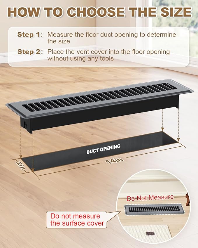 2 x 14 Floor Register, Gray Vent Covers for Home Floor, Anti-Rust Coated Metal Surfaces with Adjustable Airflow Control Lever, Ideal for HVAC Systems, Living Room & Bedroom Floor Vents - 4 Pack