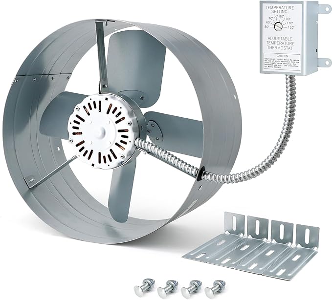 Gable Vent Attic Fan, 15" Exhaust Ventilation Fan with Adjustable Thermostat for Gable, Shed, Home, Garages, 1600 CFM, 1050 RPM, 2400 SQ. FT. Attic Ventilator (1600CFM)