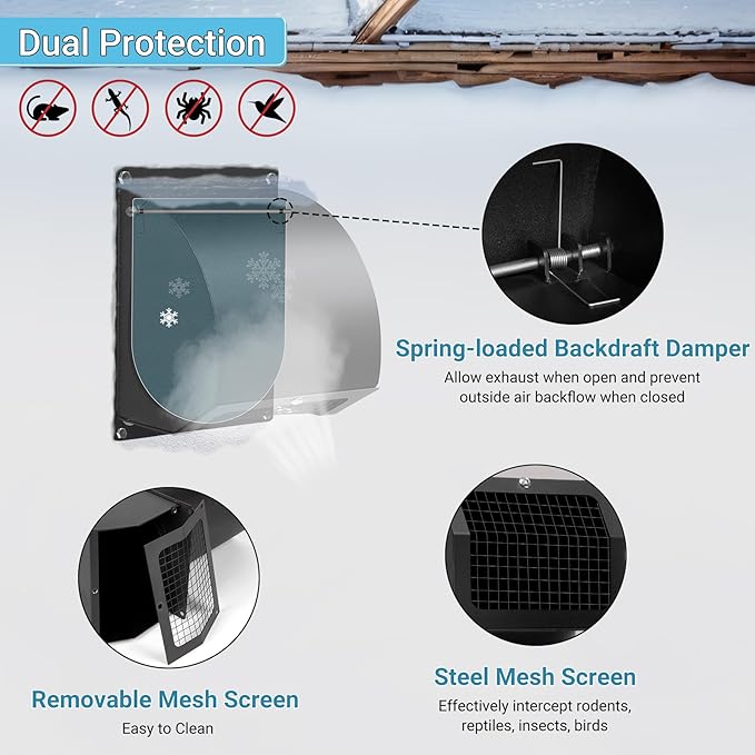 Neoaider 8 Inch Hooded Wall Vent Cover with Screen and Damper, 14GA/2MM Thick Heavy-Duty Steel Vent Covers for Wall, Vent Cover for Dryer Ventilation and Outdoor Air Exhaust, Black
