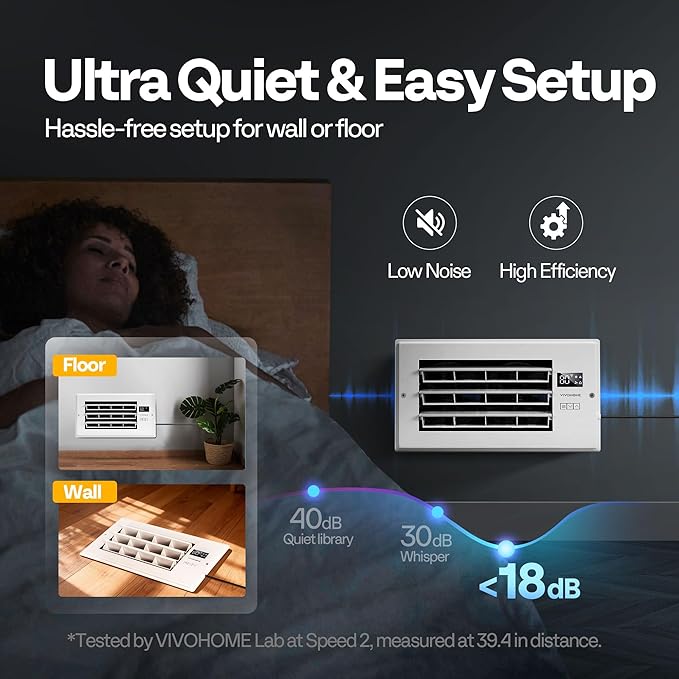 VIVOHOME Register Booster Fan - 6'' x 12'' Opening with Adjustable Louver - Smart Thermostat & 10-Speed Remote Control - AC Vent Fan for Floor, Ceiling, Wall - Quiet Operation (White)