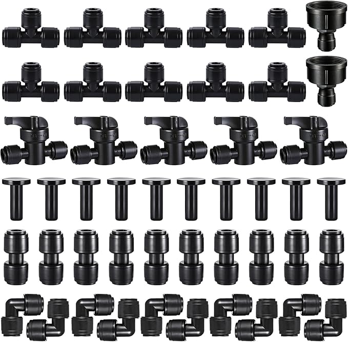 47 Pack Quick Connect 1/4" Drip Irrigation Fittings Kit, 1/4'' Drip Irrigation Tubing Push-to-Fit Connectors Parts- 5 Shut Off Valve, 10 Tees, 10 Couplings, 10 Elbows,10 End Plugs, 2 Faucet Adapters
