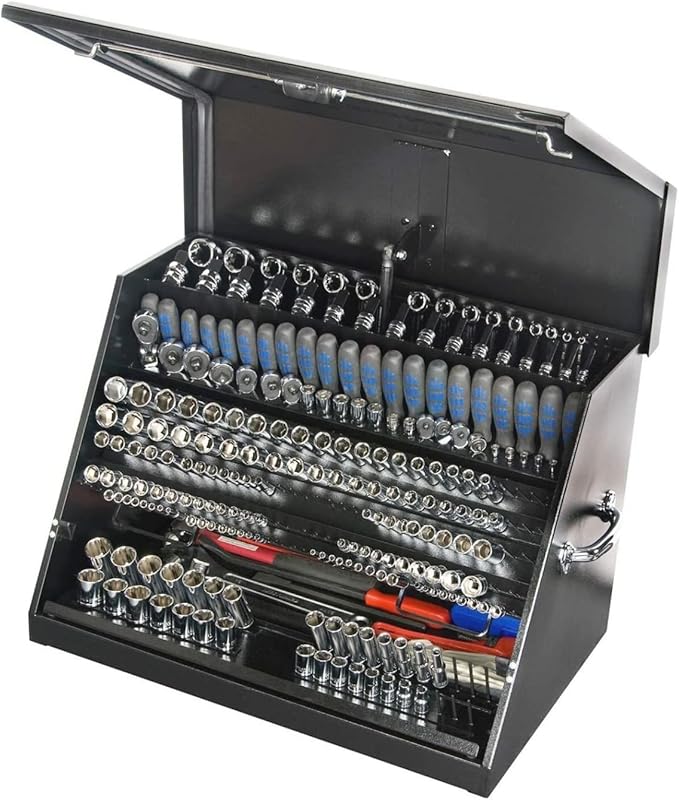 Montezuma – LA400B – 30-Inch Portable TRIANGLE Toolbox – Multi-Tier Design – 16-Gauge Construction – SAE and Metric Tool Chest – Weather-Resistant Toolbox – Lock and Latching System