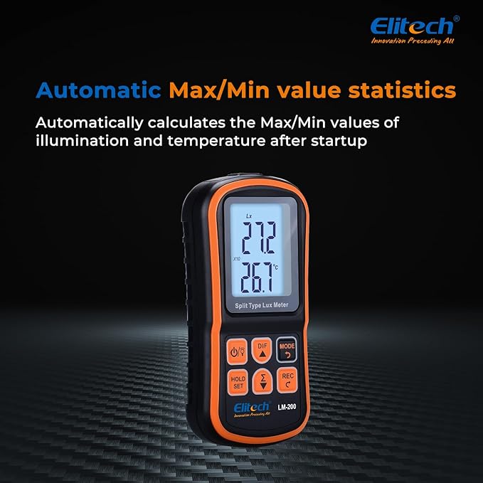 Elitech Digital Light Meter LM-200, Handheld Illuminance Meter with LCD Display, 200,000 Lux Range, Temperature Measurement