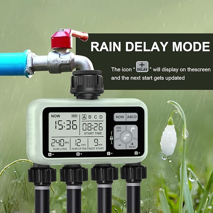 Watering Timer 4 Zone, Sprinkler Timer,Programmable Garden Outdoor Hose Faucet Timer with Rain Delay/Manual/Automatic Watering System,Water Hose Irrigation Timers 4 Outlet for Garden