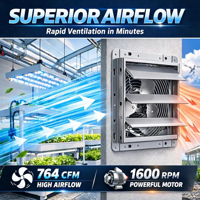 Hon&Guan 12 Inch Shutter Exhaust Fan with Stepless Speed Controller, 764 CFM High Airflow, 1600 RPM Wall Vent Fan, Automatic Gravity Shutters, Easy Install for Garage, Shed & Greenhouse, Gunmetal Gray
