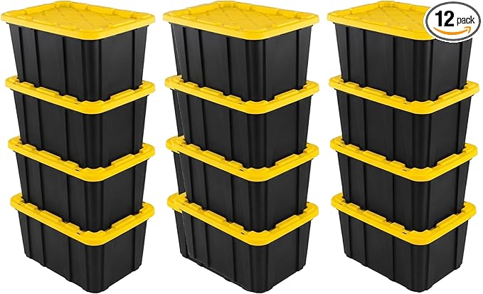Sterilite 12 Pack Industrial Tote Organizers, Plastic Storage Container Bins with Lids, 27 Gallon - Heavy-Duty Organizing Containers for Closet, Bathroom, and Office