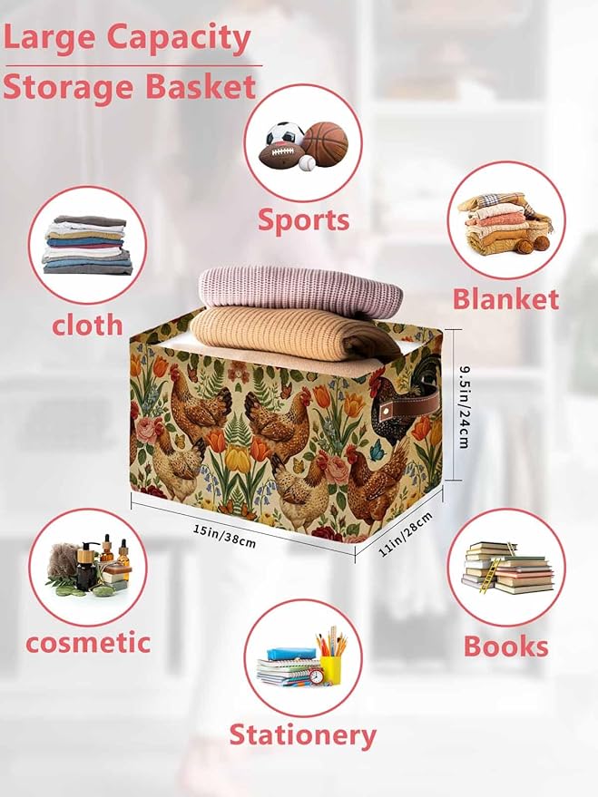 Tan Rooster Floral Storage Bins Cubes Waterproof Cloth Storage Basket, Farmhouse Spring Flowers Butterflies Foldable Storage Bags for Shelf Closet Clothes Organizers with Handles 15x11x9.5 in 2PCS